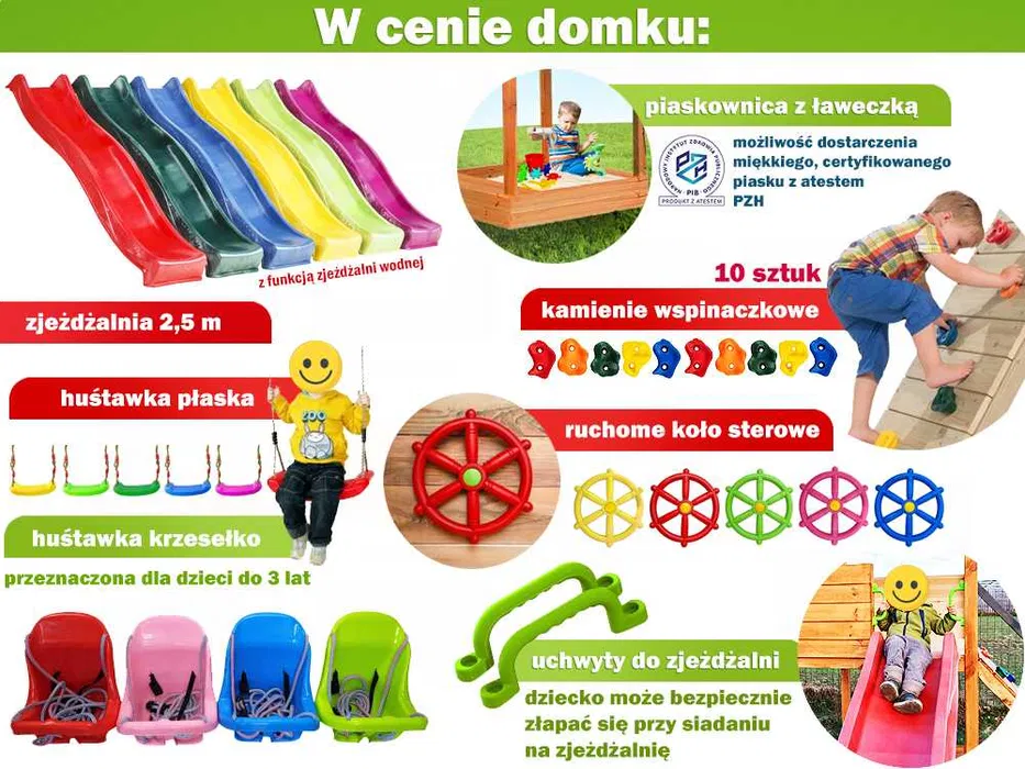 Elementy wyposażenia domku: zjeżdżalnia, piaskownica, kamienie wspinaczkowe, koło sterowe, huśtawki